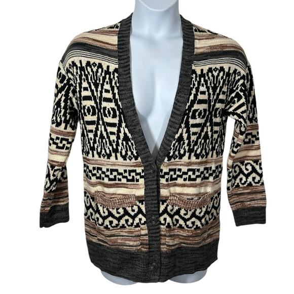 Lucky Brand Jacquard Cotton Blend Boyfriend Cardigan Western Sweater Size Small - Picture 3 of 15